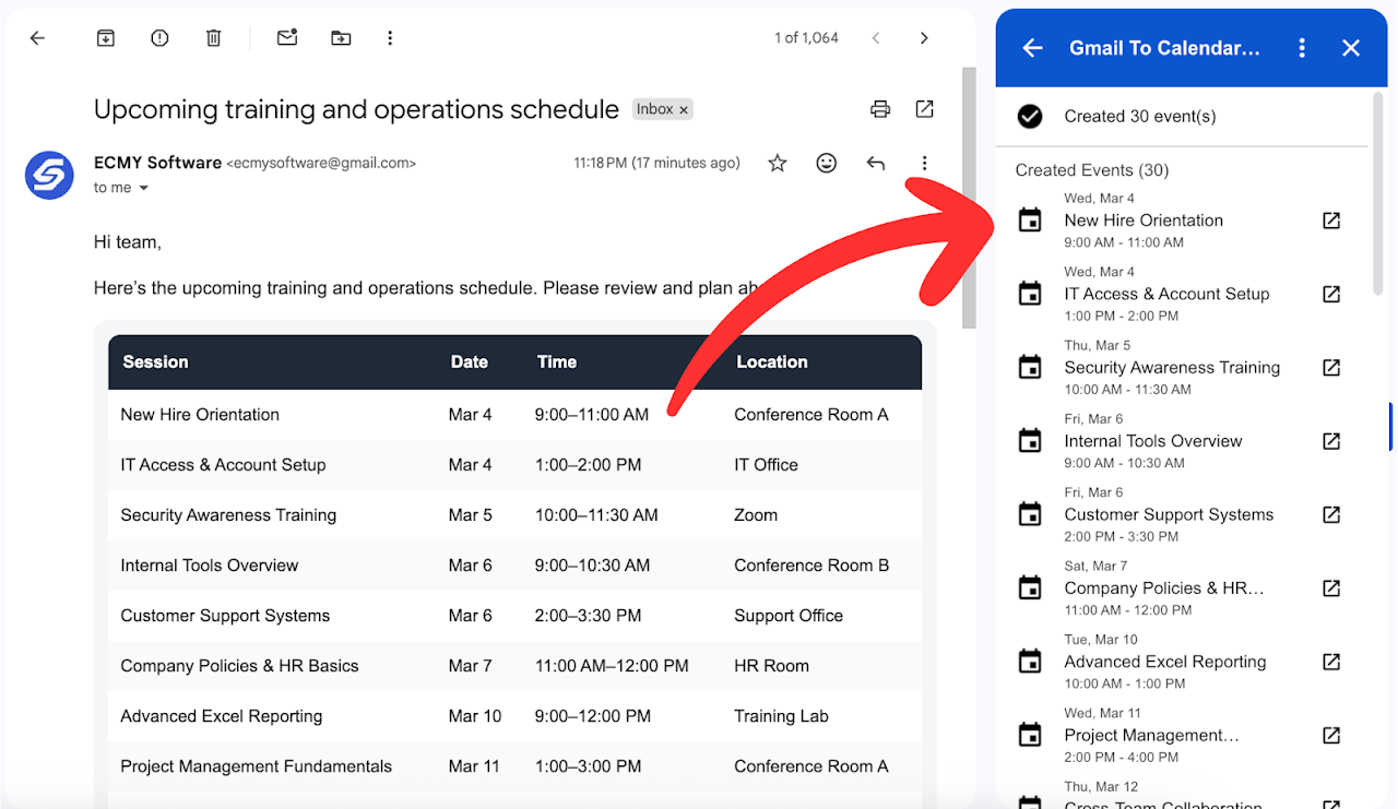 Import entire schedule from email to Google Calendar