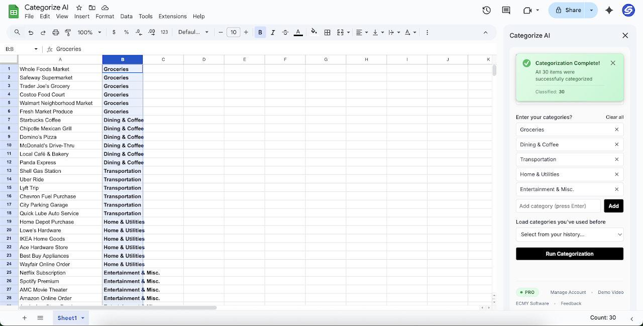 Automatically categorize expenses in Google Sheets