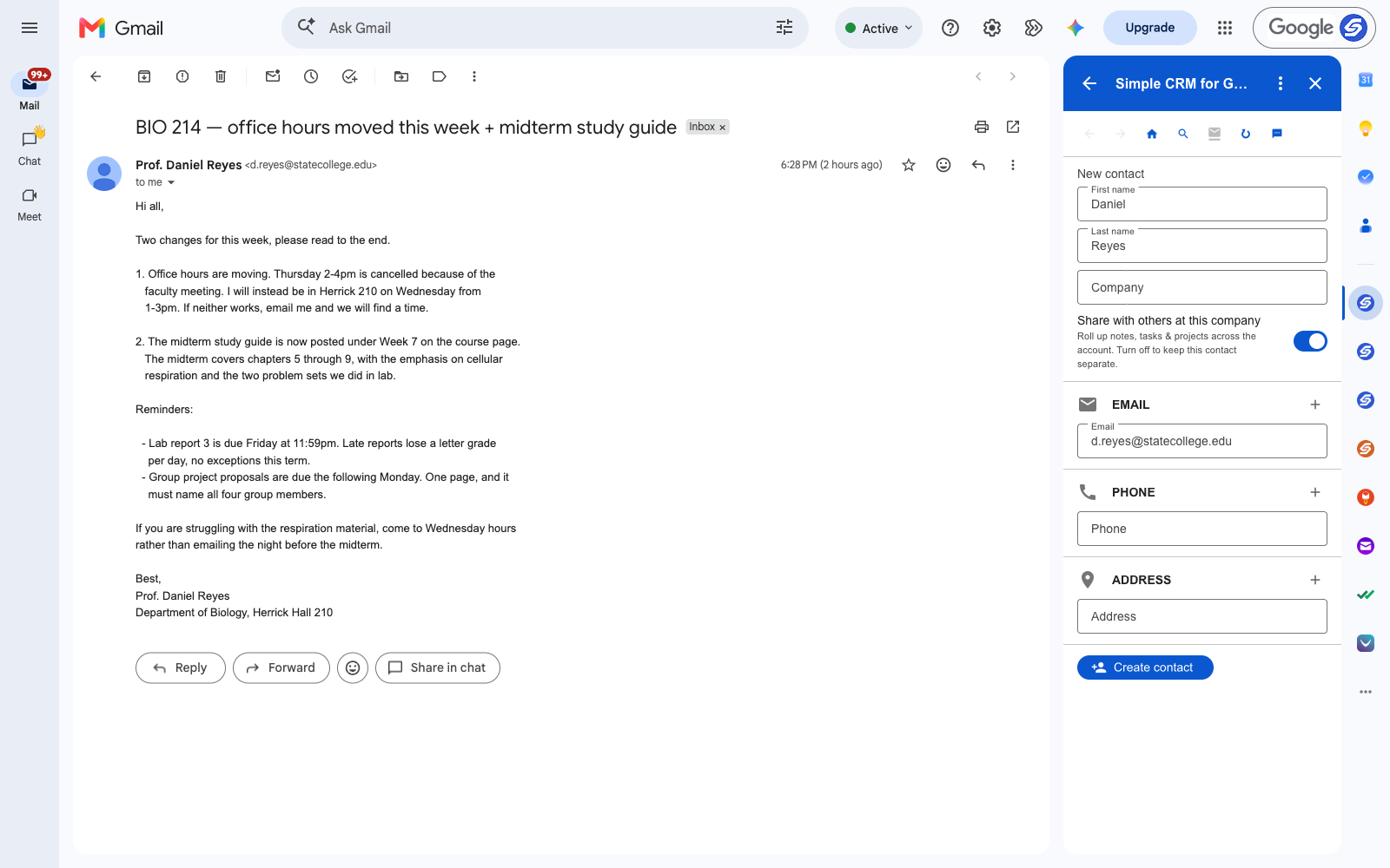 A professor's email open in Gmail with the Simple CRM sidebar beside it, the contact already filled in from the sender