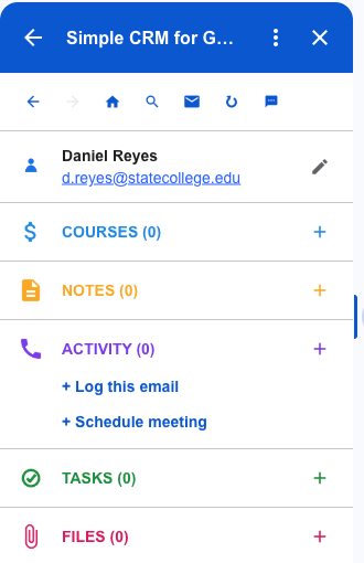 The Simple CRM record for Daniel Reyes showing empty sections for courses, notes, activity, tasks and files