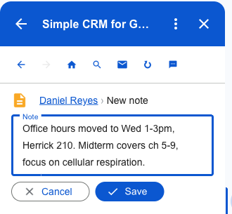 Writing a note against the professor's record: office hours moved to Wednesday 1-3pm in Herrick 210