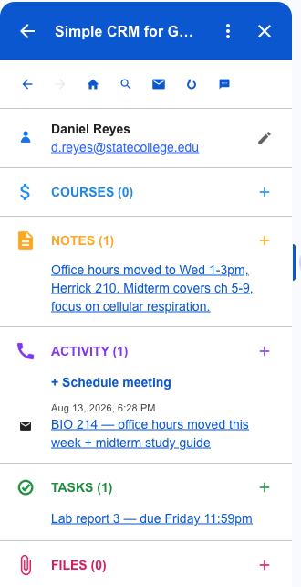 The completed record: office hours note, the logged email, and the lab report task, all on the professor's record