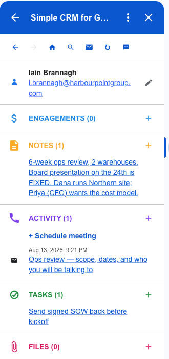 The completed record: note, logged email and task