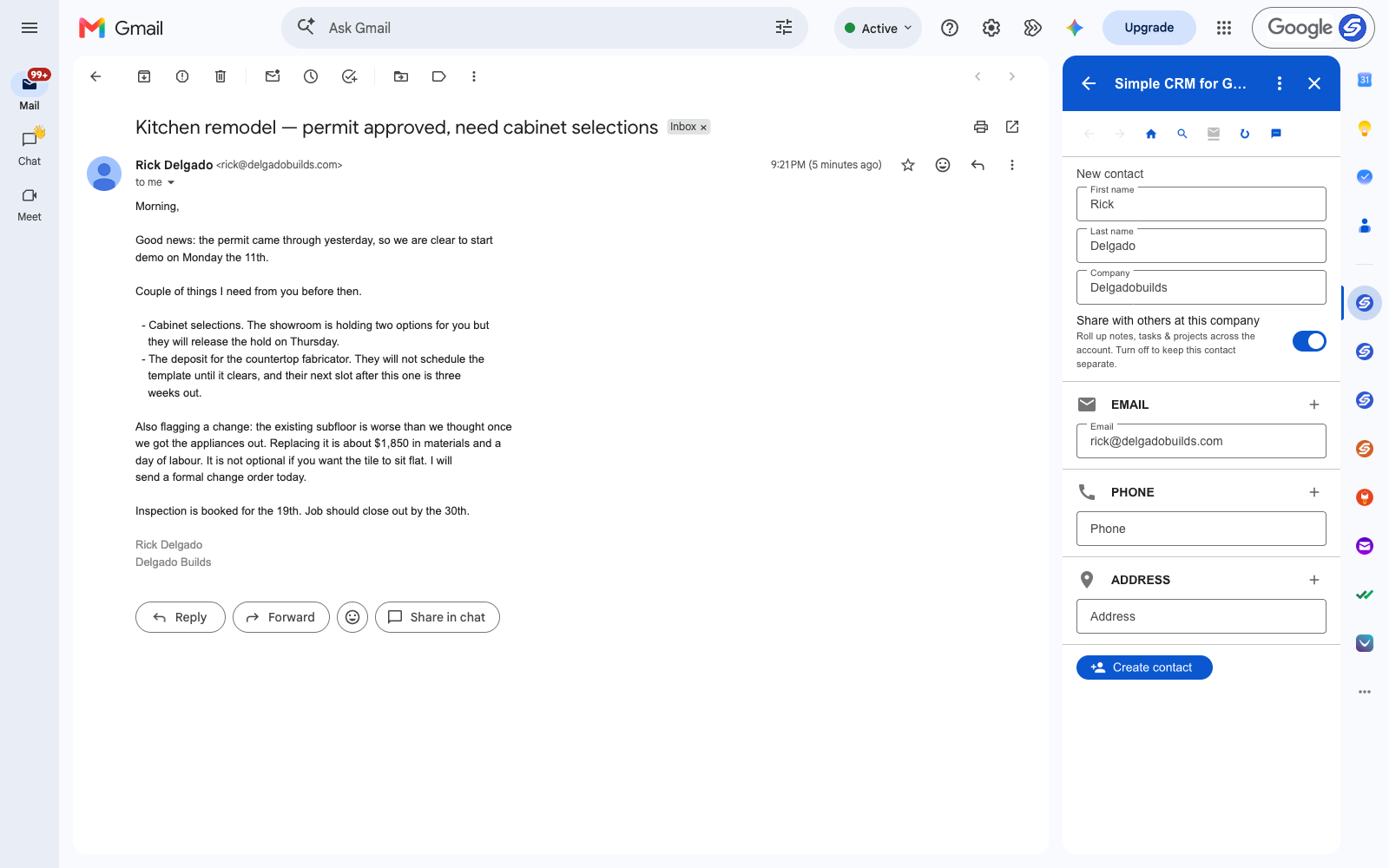 A client email open in Gmail with the Simple CRM sidebar beside it, the contact filled in from the sender