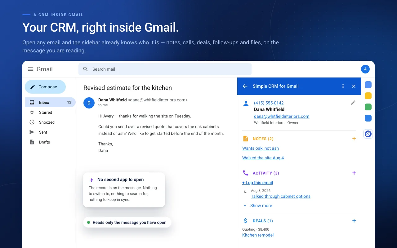 An open email in Gmail with the Simple CRM sidebar beside it, showing the sender's notes, logged calls and open deal