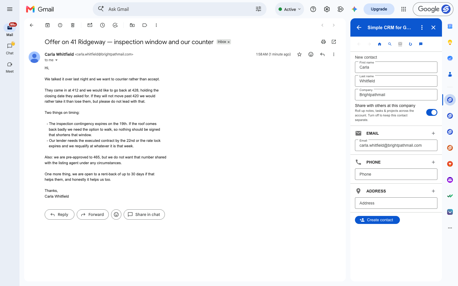 A client email open in Gmail with the Simple CRM sidebar beside it