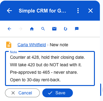 Writing a note against the client record